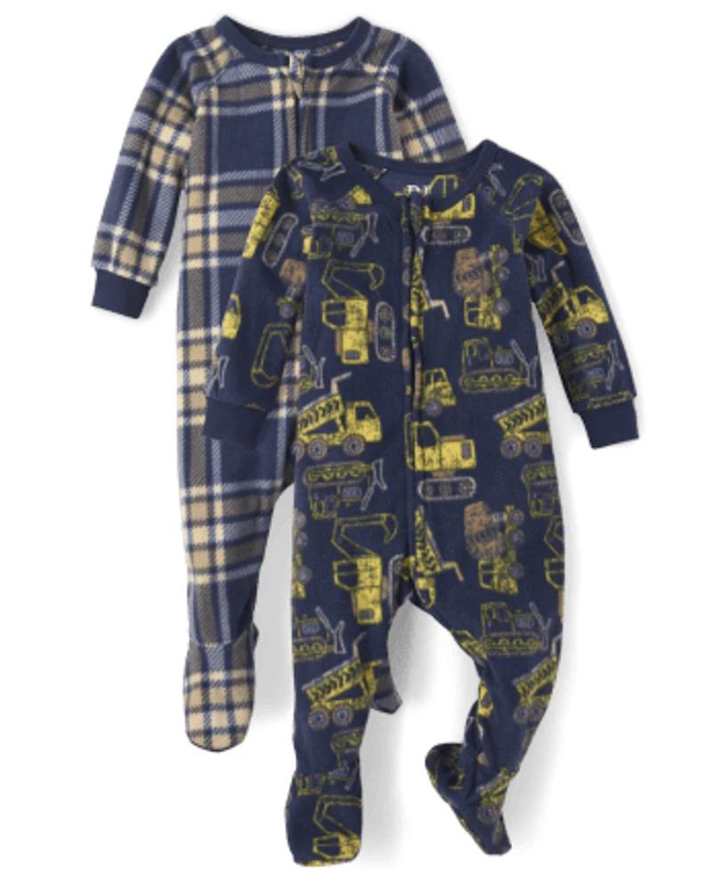 Baby And Toddler Boys Plaid Construction Truck Fleece One Piece Pajamas 2-Pack