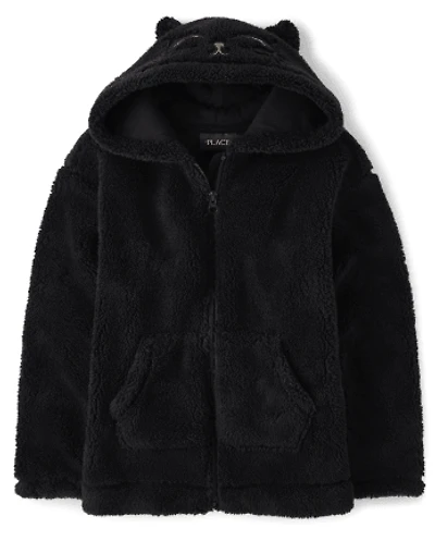 Girls Mommy And Me Cat Sherpa Zip-Up Hoodie
