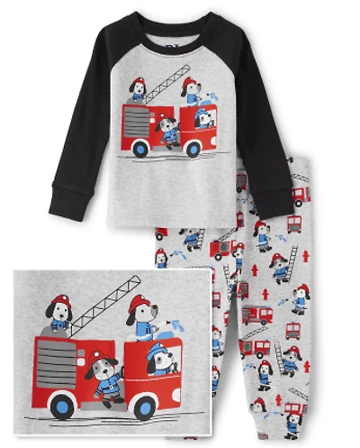 Baby And Toddler Boys Fire Truck Dog Snug Fit Cotton Pajamas