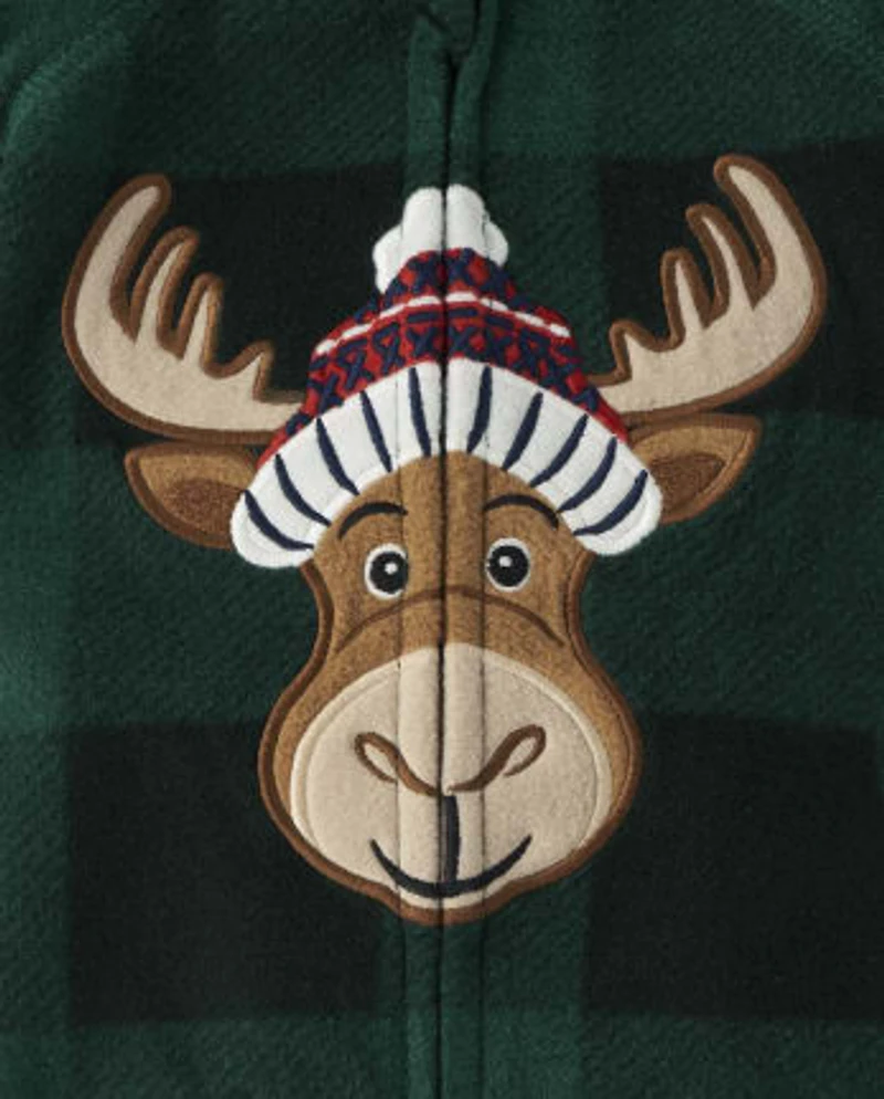 Baby And Toddler Matching Family Buffalo Plaid Moose Fleece Footed One Piece Pajamas