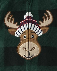 Baby And Toddler Matching Family Buffalo Plaid Moose Fleece Footed One Piece Pajamas