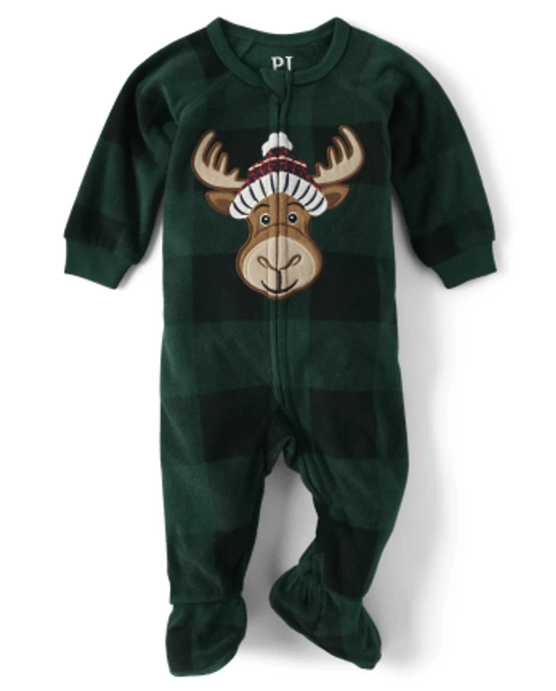 Baby And Toddler Matching Family Buffalo Plaid Moose Fleece Footed One Piece Pajamas