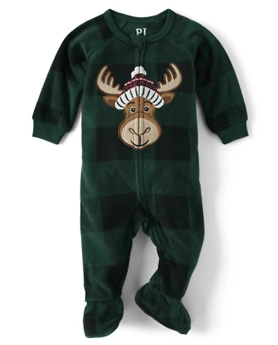 Baby And Toddler Matching Family Buffalo Plaid Moose Fleece Footed One Piece Pajamas