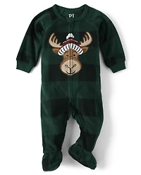 Baby And Toddler Matching Family Buffalo Plaid Moose Fleece Footed One Piece Pajamas
