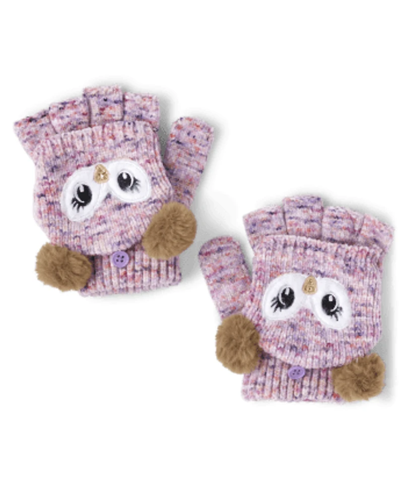 Girls Owl Hat And Mittens 2-Piece Set