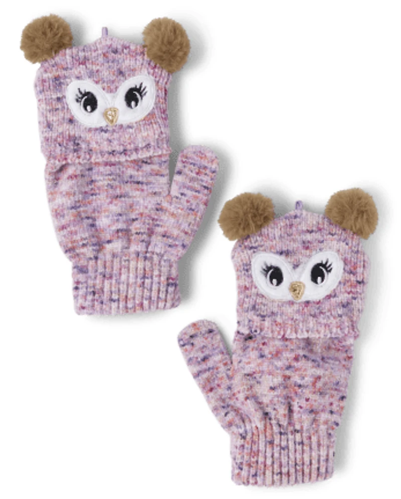 Girls Owl Hat And Mittens 2-Piece Set