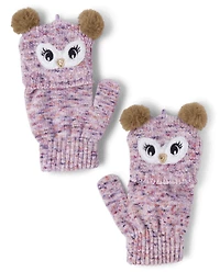 Girls Owl Hat And Mittens 2-Piece Set