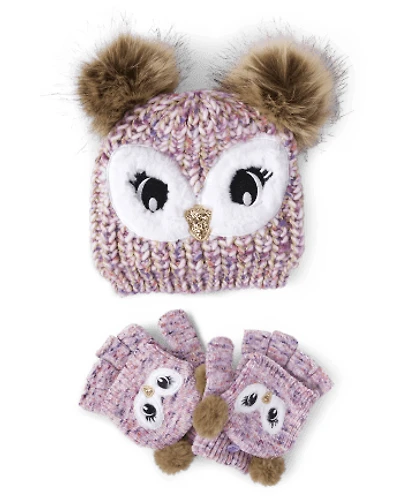Girls Owl Hat And Mittens 2-Piece Set