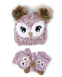 Girls Owl Hat And Mittens 2-Piece Set