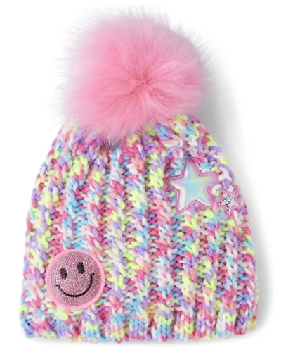 Girls Embroidered Happy Face Pom Beanie