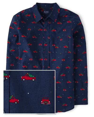 Mens Dad And Me Truck Poplin Button Up Shirt