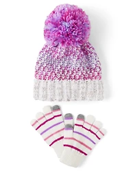 Girls Space Dye Pom Beanie And Texting Gloves 2-Piece Set