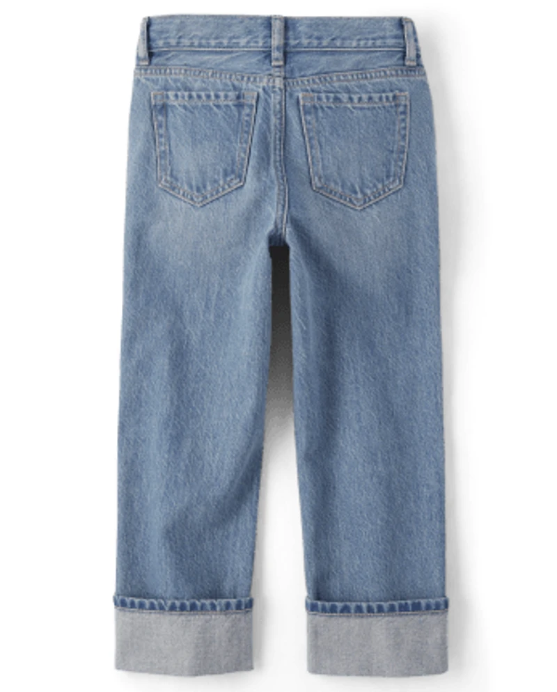 Girls Roll Cuff Wide Leg Jeans