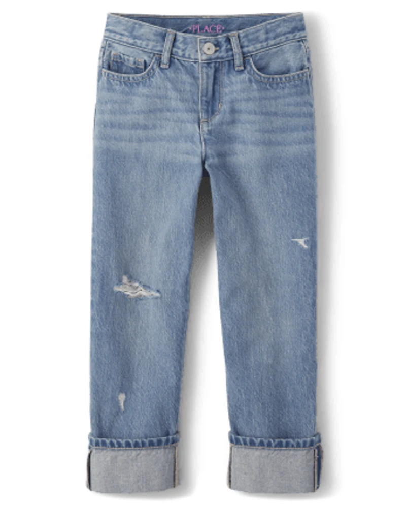 Girls Roll Cuff Wide Leg Jeans