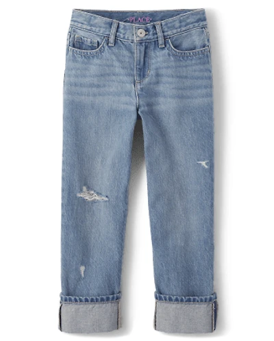 Girls Roll Cuff Wide Leg Jeans