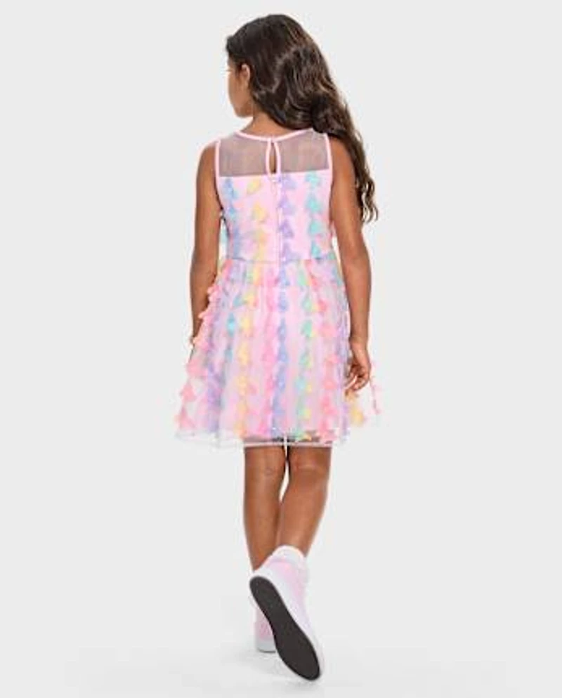 Robe ajustée et évasée en maille papillon 3D arc-en-ciel pour fille