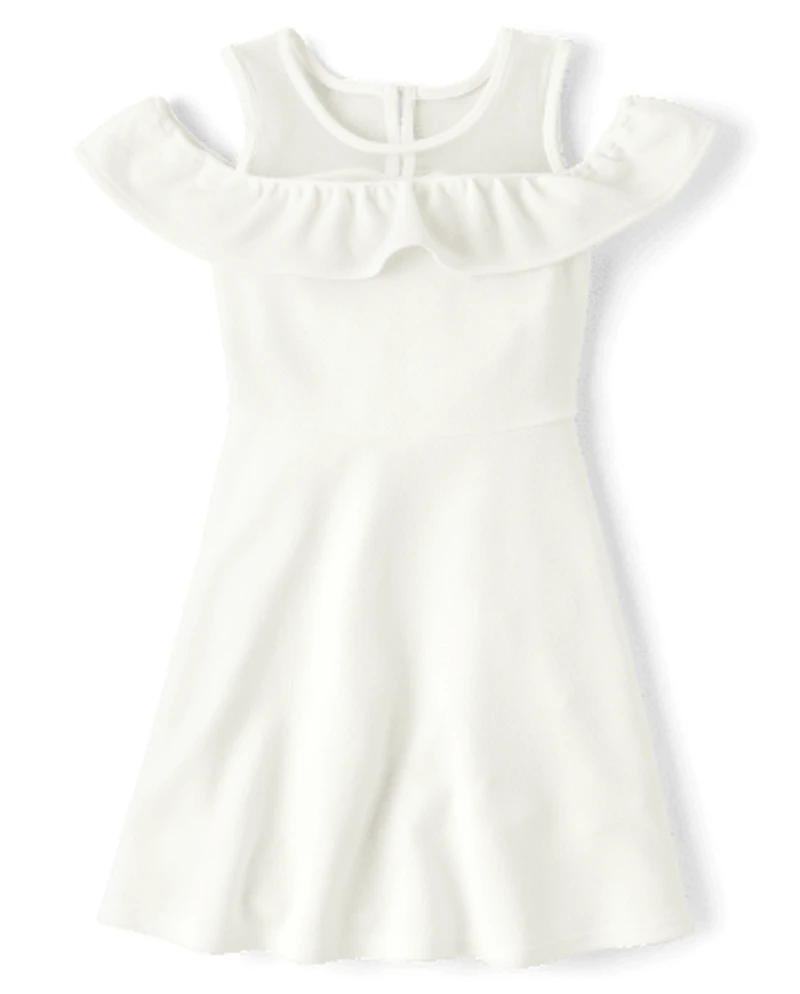 Girls Ruffle Jacquard Cold Shoulder Dress