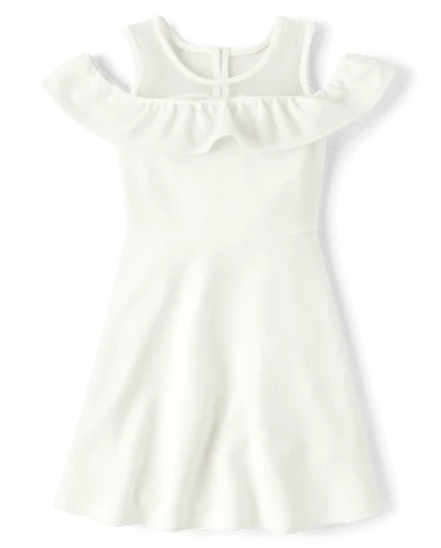 Girls Ruffle Jacquard Cold Shoulder Dress