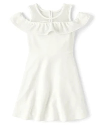 Girls Ruffle Jacquard Cold Shoulder Dress
