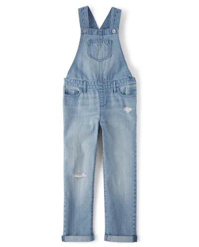 Girls Roll Cuff Denim Overalls