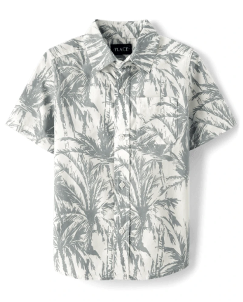 Boys Matching Family Palm Tree Poplin Button Up Shirt