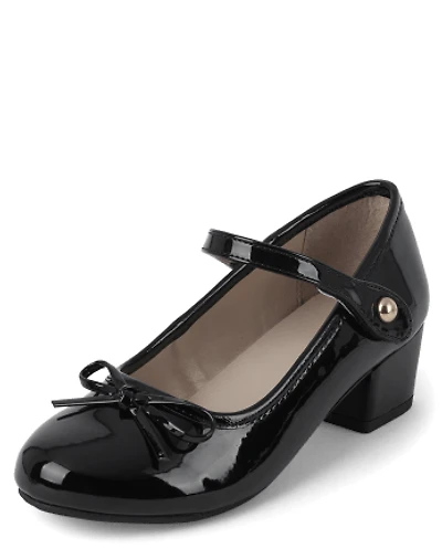 Girls Bow Faux Patent Leather Low Heel Shoes