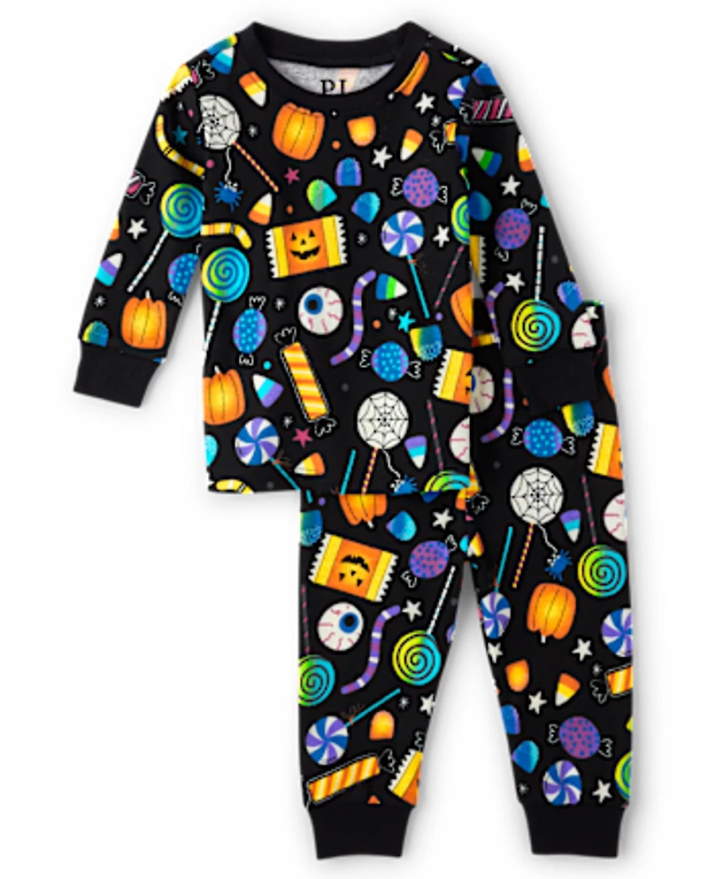 Pyjama ajusté en coton pour bébé et tout-petit, motif bonbons d'Halloween phosphorescents