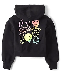 Girls Rainbow Happy Vibes Fleece Cropped Zip Up Hoodie
