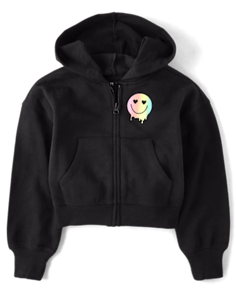Girls Rainbow Happy Vibes Fleece Cropped Zip Up Hoodie