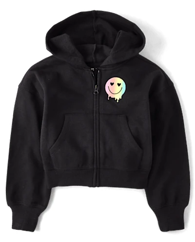 Girls Rainbow Happy Vibes Fleece Cropped Zip Up Hoodie