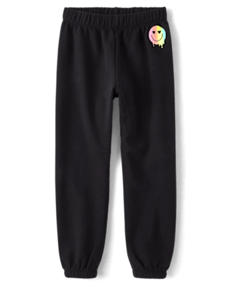 Girls Rainbow Happy Face Fleece Jogger Pants