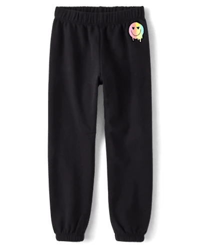 Girls Rainbow Happy Face Fleece Jogger Pants