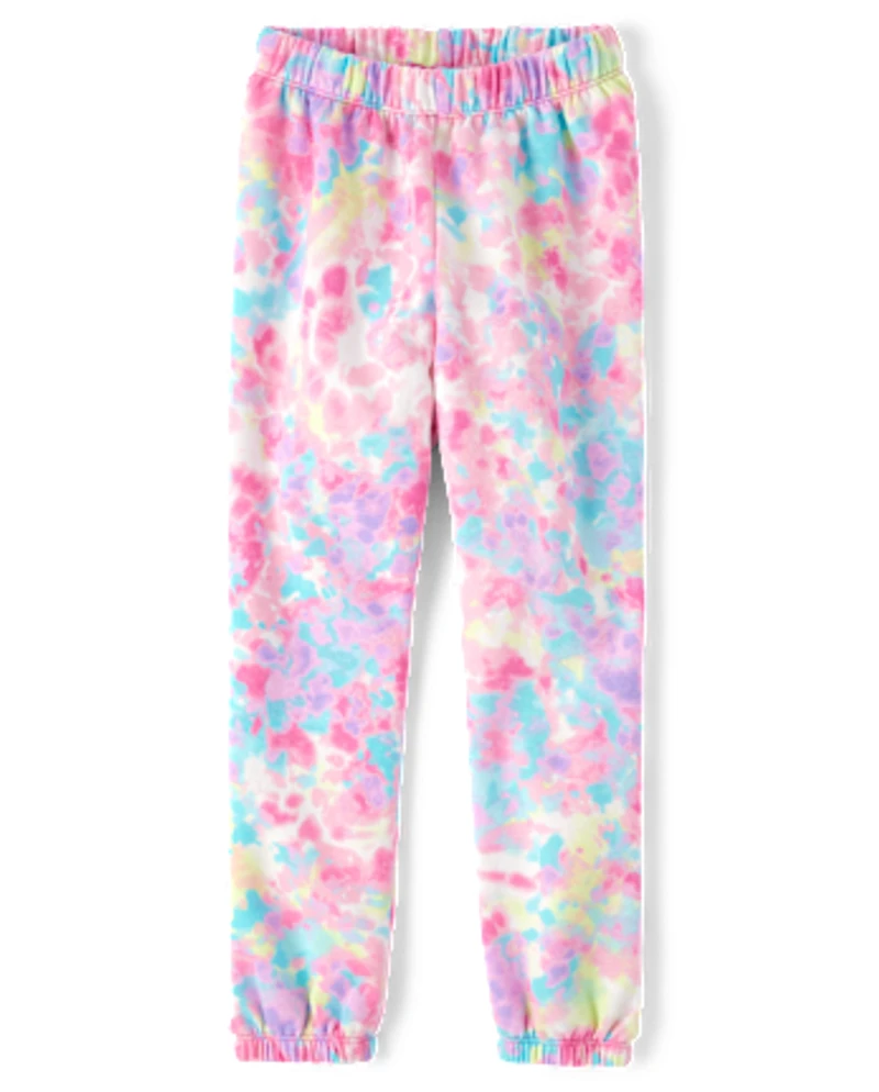 Girls Rainbow Tie Dye Fleece Jogger Pants