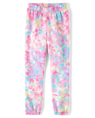 Girls Rainbow Tie Dye Fleece Jogger Pants