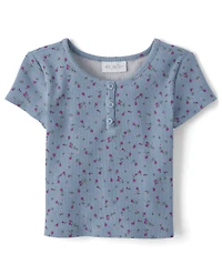 Girls Floral Ribbed Henley Top