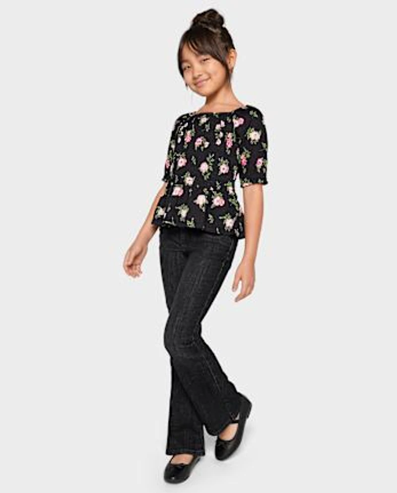 Haut à smocks fleuris pour fille