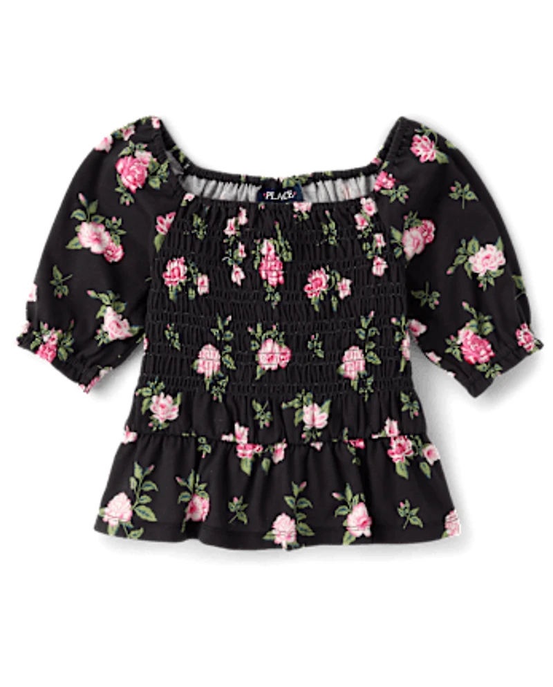 Haut à smocks fleuris pour fille