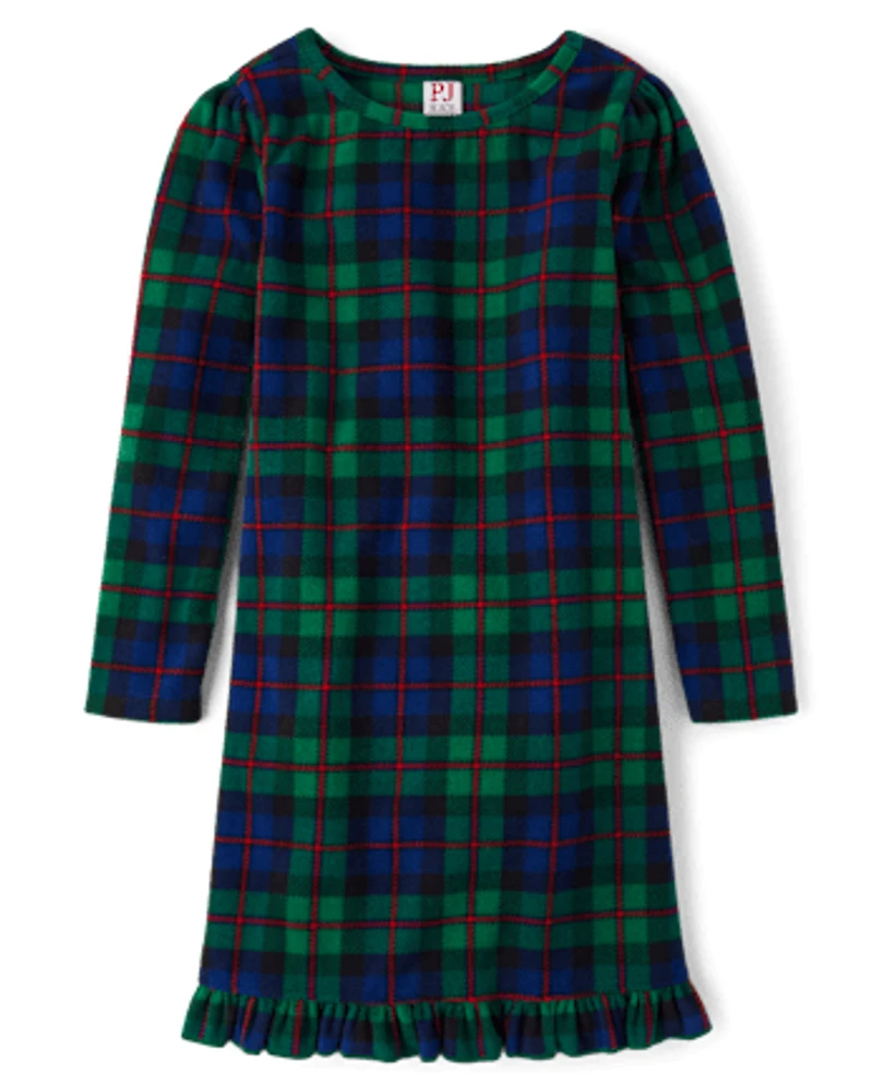 Girls Matching Family Tartan Plaid Microfleece Ruffle Nightgown