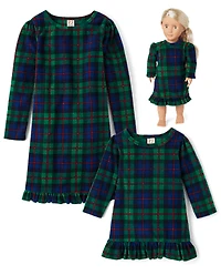 Doll Matching Family Tartan Plaid Microfleece Ruffle Nightgown
