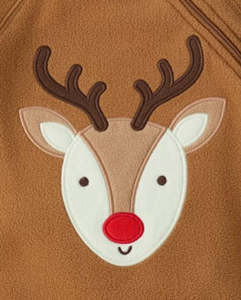 Pyjama une pièce en micropolaire à pieds pour bébé et tout-petit, motif renne, assorti