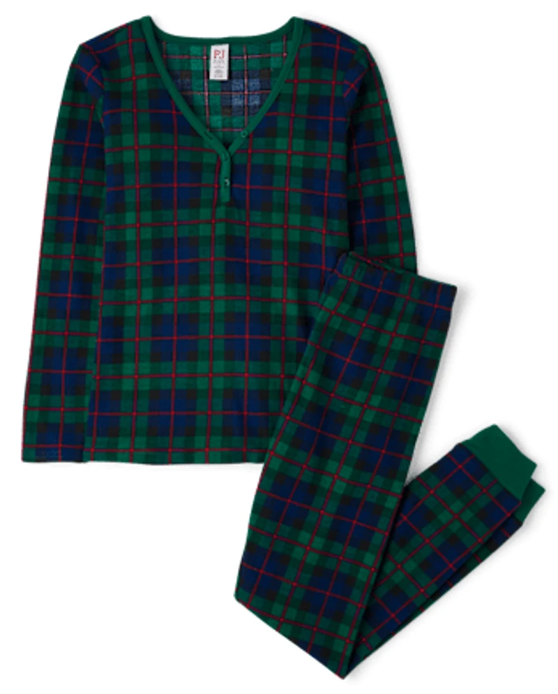 Womens Matching Family Tartan Plaid Thermal Henley Pajamas