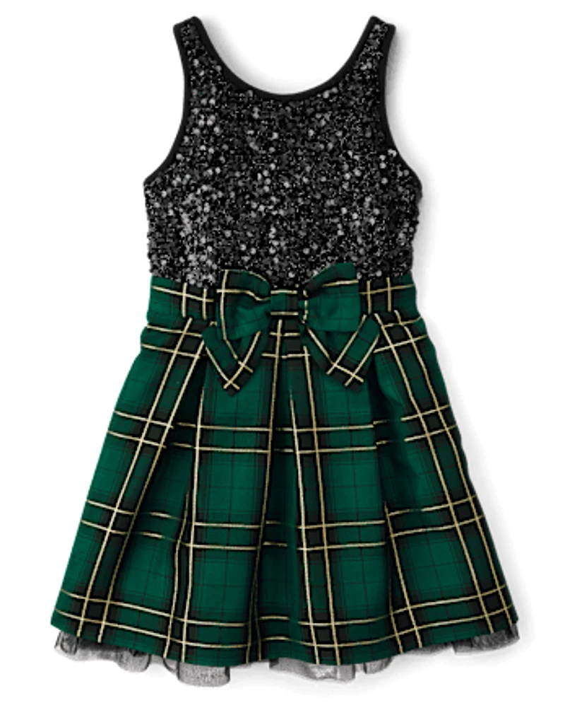 Girls Matching Family Plaid Sequin Fit And Flare Dress