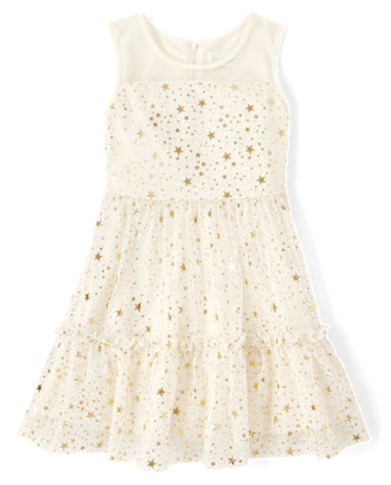 Girls Foil Star Mesh Ruffle Dress