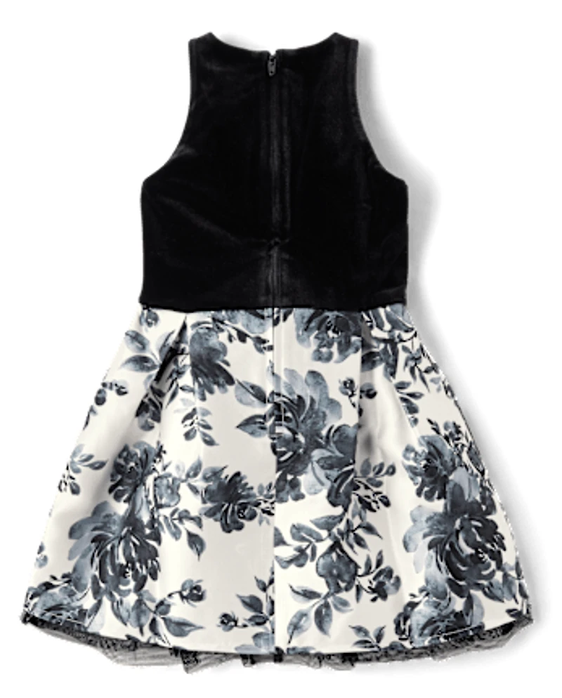 Girls Floral Velour Fit And Flare Dress