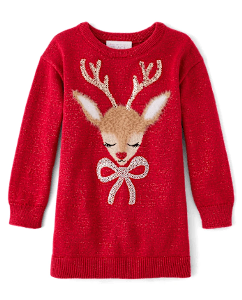 Baby And Toddler Girls Sequin Reindeer Sweater Dress