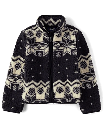 Girls Print Sherpa Zip Up Jacket