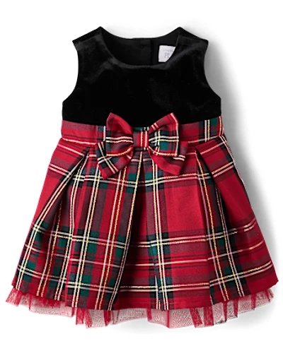 Baby Girls Matching Family Plaid Velour Fit And Flare Dress