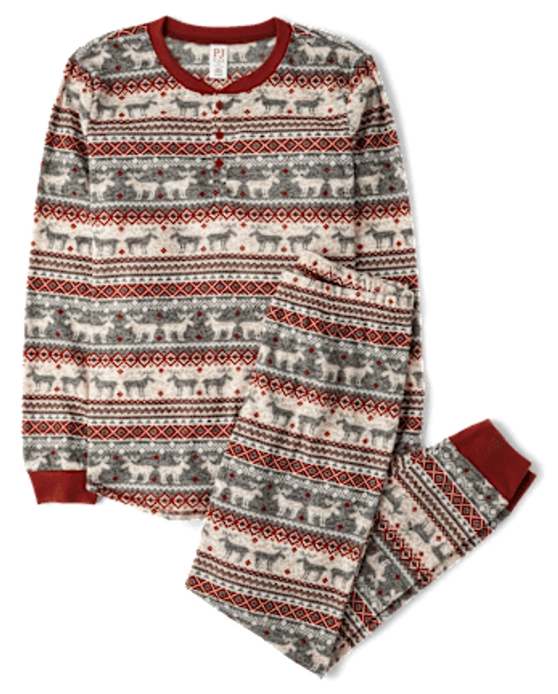 Mens Matching Family Moose Fairsle Thermal Henley Pajamas