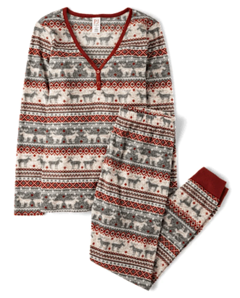 Womens Matching Family Moose Fairsle Thermal Henley Pajamas