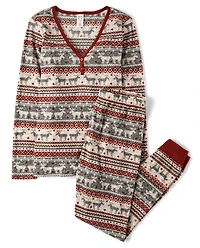 Womens Matching Family Moose Fairsle Thermal Henley Pajamas